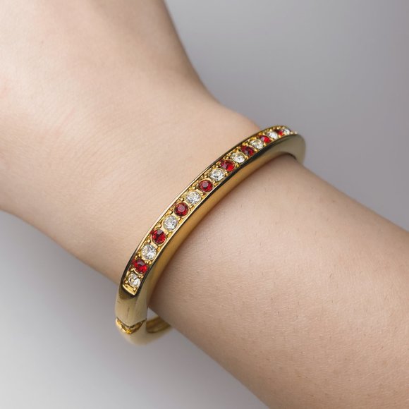 Red Clear Rhinestone Jewel Crystal Gold Tone Clamp Bangle Elegant Bracelet - Picture 10 of 12